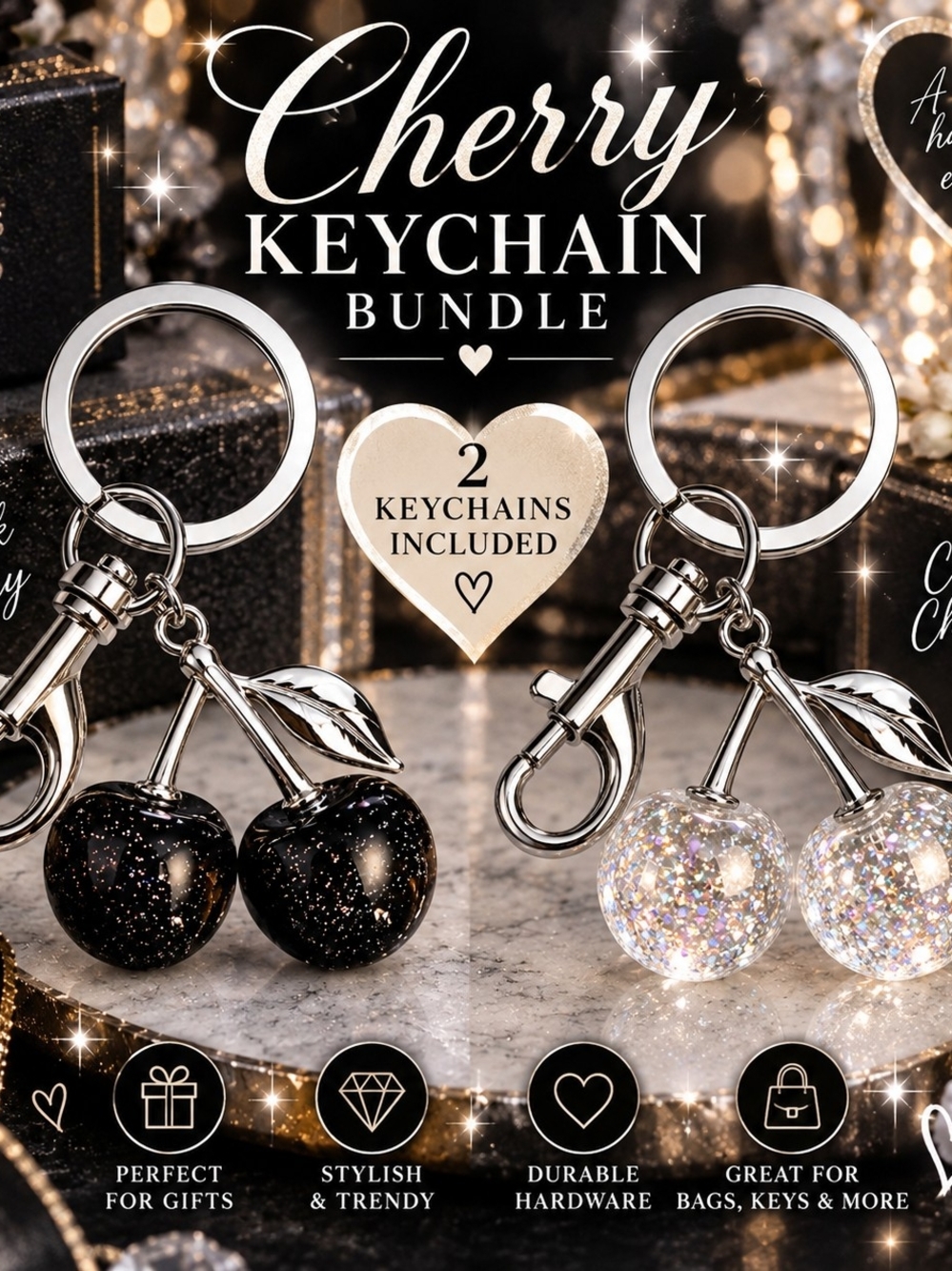 Cherry Keychain Bundle – Sparkle Black & Glitter White Keychains